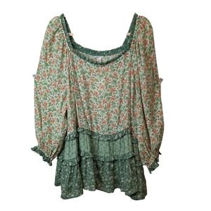Cato Womens 22/24W Stone‎ Green Floral Pullover Top Tiered Peasant Boho Cottage